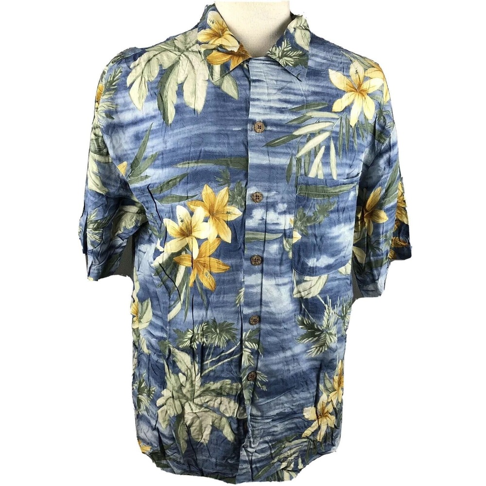 Tommy Bahama Floral Print Wooden Buttons Rayon Shirt Hawaiian Aloha Men's Medium